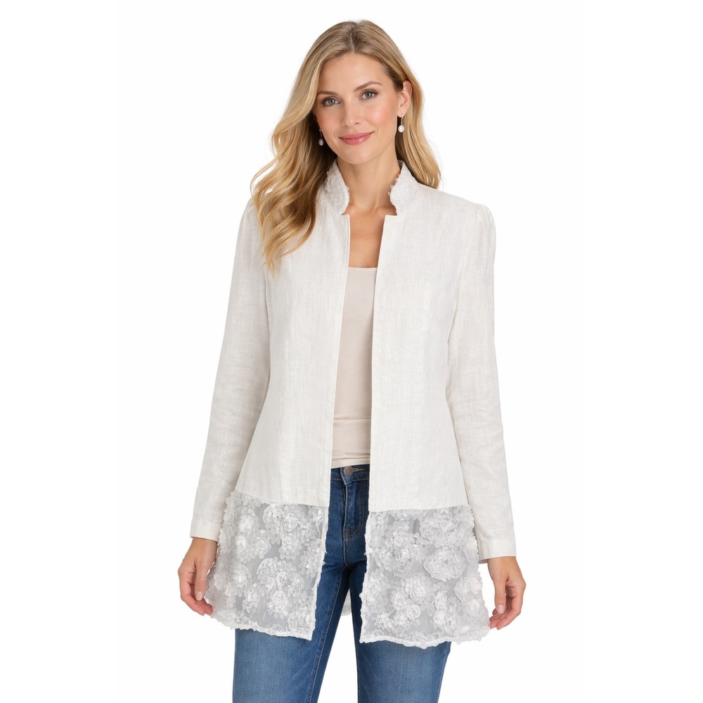 Insight NY White Linen Jacket Women's Size 4 Lace Mesh Open Front Blazer
